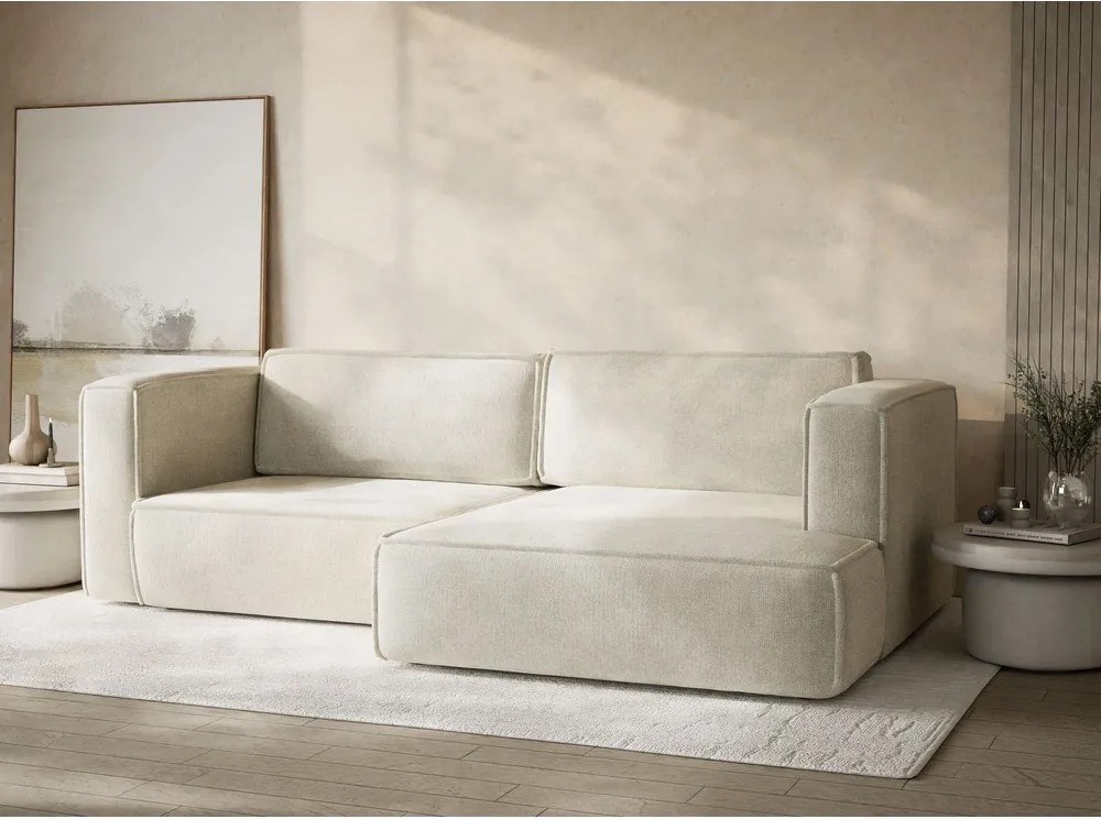 Kremowy rozkładany narożnik ze schowkiem z tkaniny szenilowej (prawostronny/z szezlongiem) Velto – Maison de Rêve