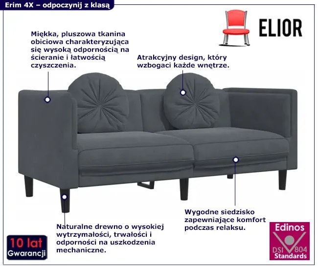 Ciemnoszara aksamitna sofa 2-osobowa z poduszkami - FINO 4X