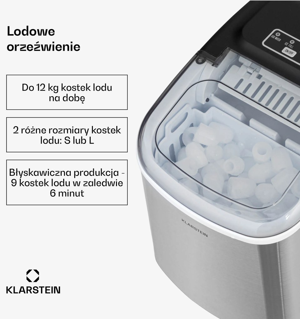Klarstein Caldwell 12kg/24h 0.5L Kostkarka do Lodu Srebrny