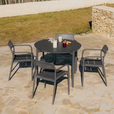 Zestaw Okrągłego Stołu Ø110 Cm Z Aluminium Elton Oraz 4 Sztaplowane Krzesła Ogrodowe Z Polipropylenu Graneli Grafitowa Szarość - Sklum