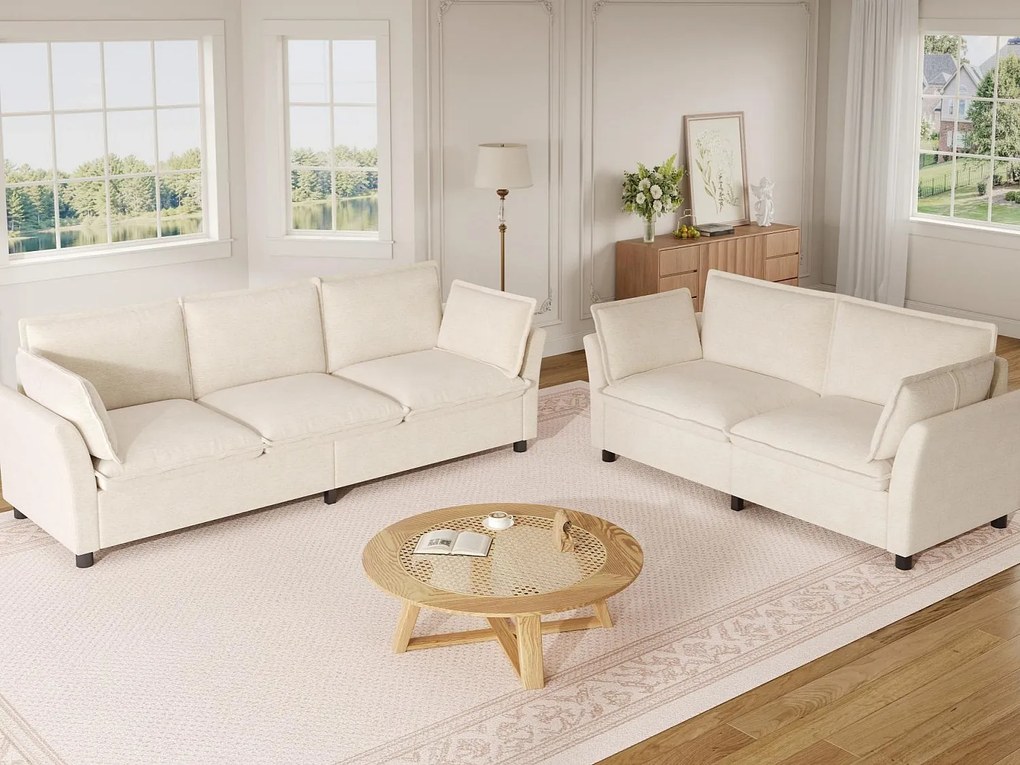 Modułowy zestaw sof 3+2 „efekt chmury” z tkaniny szenilowej, sofa 3-osobowa i sofa 2-osobowa ergonomiczna, styl nowoczesny - beżowy