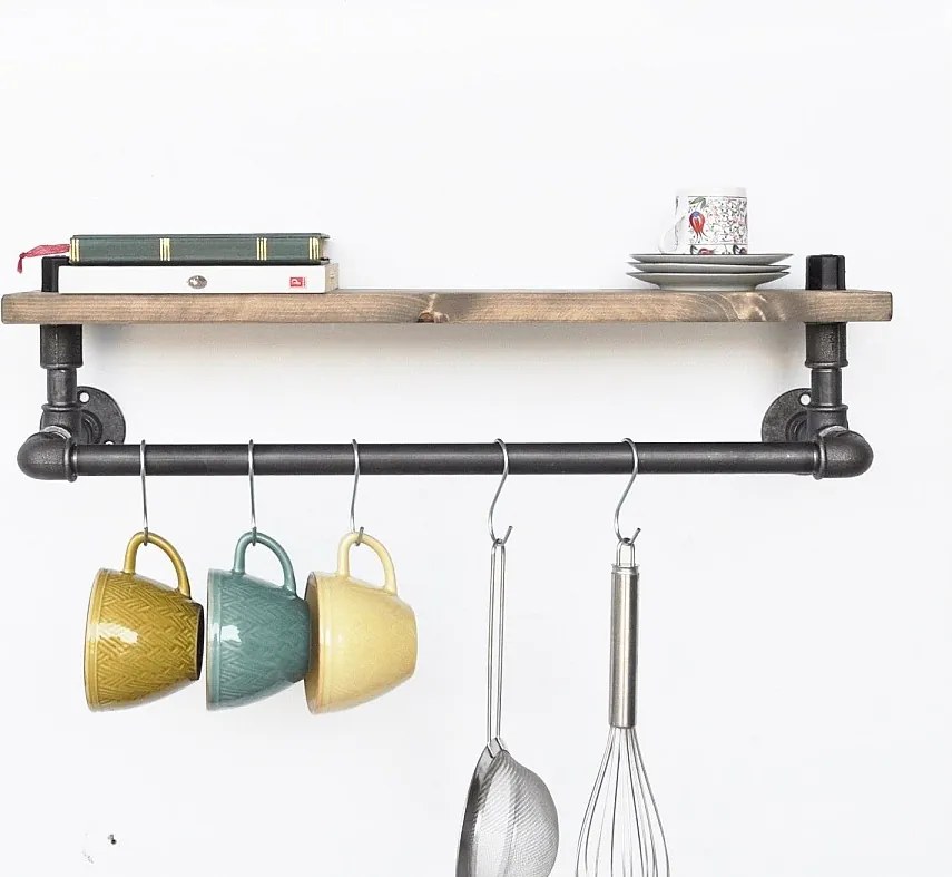 Półka rurowa – 60 cm x 20 cm x 14 cm – kolor czarny i orzechowy – drewno jodłowe i metal