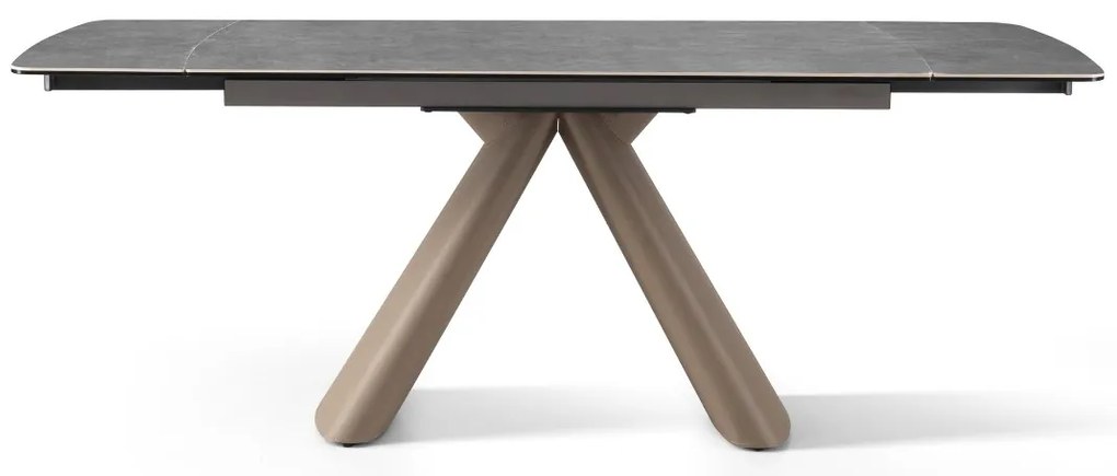 Elegancki stół z szarym ceramicznym blatem na hartowanym szkle. Rozmiary 160 (240) x 90 cm. Metalowa podstawa ze stali szczotkowanej nadaje mu nowoczesny charakter i wyjątkową trwałość.