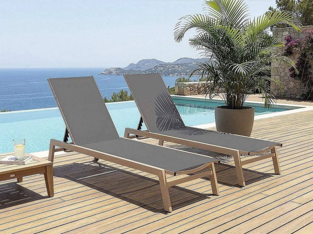 Zestaw 2 leżaków Elysia szarych z aluminium imitującego drewno, oparcie regulowane w 5 pozycjach, wbudowane kółka