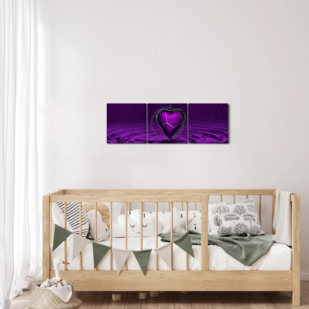 Obraz fioletowego serca (z zegarem) (90x30 cm)