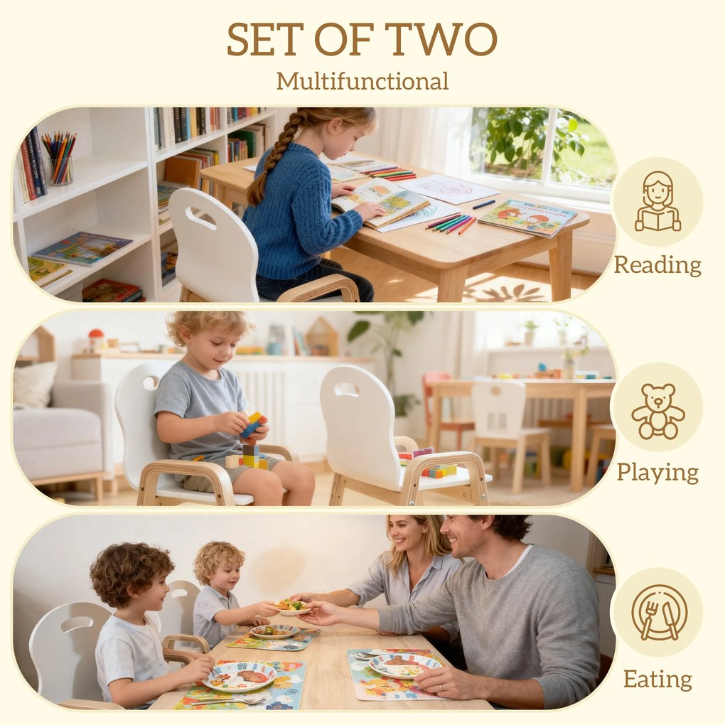 AIYAPLAY zestaw drewnianych krzeseł dla dzieci, antypoślizgowe nakładki na nóżki, 3–15 lat, regulacja wysokości, Biały