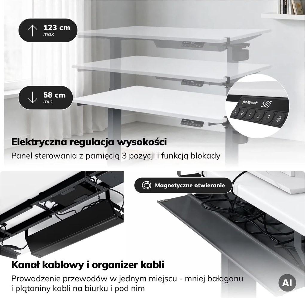 Biurko do pracy z regulacją wysokości Aria 120×60 cm, blat biały / podstawa antracyt