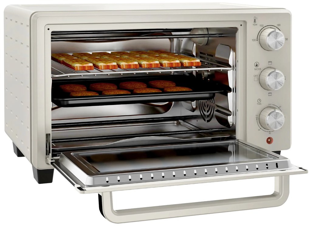 Mini Piekarnik HOMCOM, 3 tryby, do 230° C, 1400W, z akcesoriami, 46x38,5x29cm, Kremowy