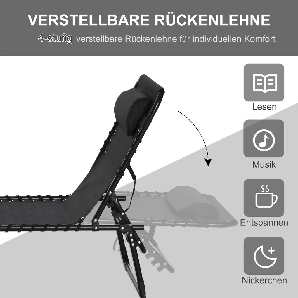 Outsunny Leżak Składany Ogrodowy Czarny Stal i Tkanina Siatkowa 4 Stopnie Regulacji Oparcia 197x58x76cm | Aosom PL