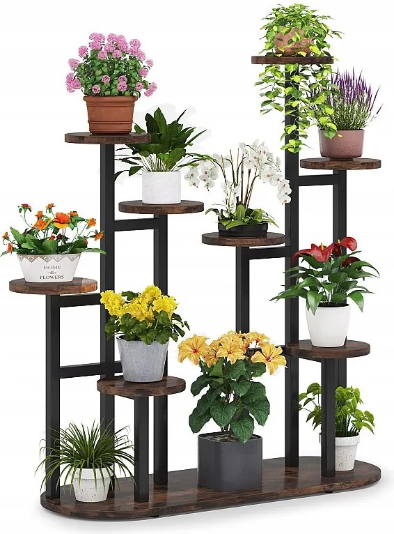 Wielopoziomowy stojak na rośliny doniczkowe na 11 doniczek, regał do przechowywania w ogrodzie, na balkonie, w salonie, rustykalny brąz