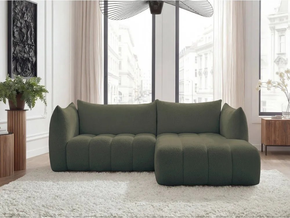 Zielony narożnik z materiału bouclé (prawostronny/z szezlongiem) Azra – Bobochic Paris