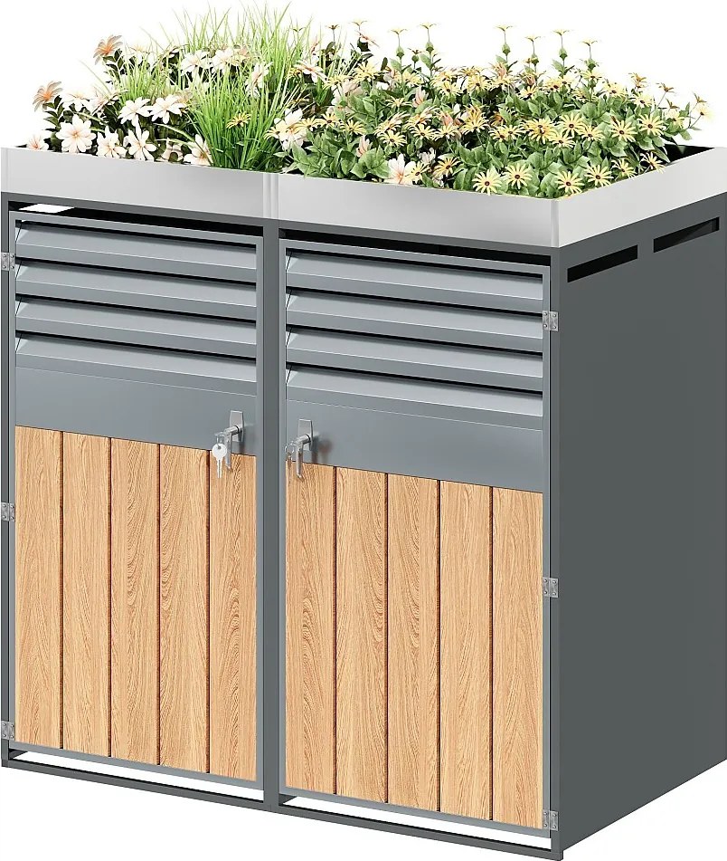 Schowek na 2 ogrodowe kosze na śmieci - 132 x 80 x 124,5 cm - z żaluzjami + z zamkiem + 2 drzwiami + nasadzeniami - metal - szary + naturalny