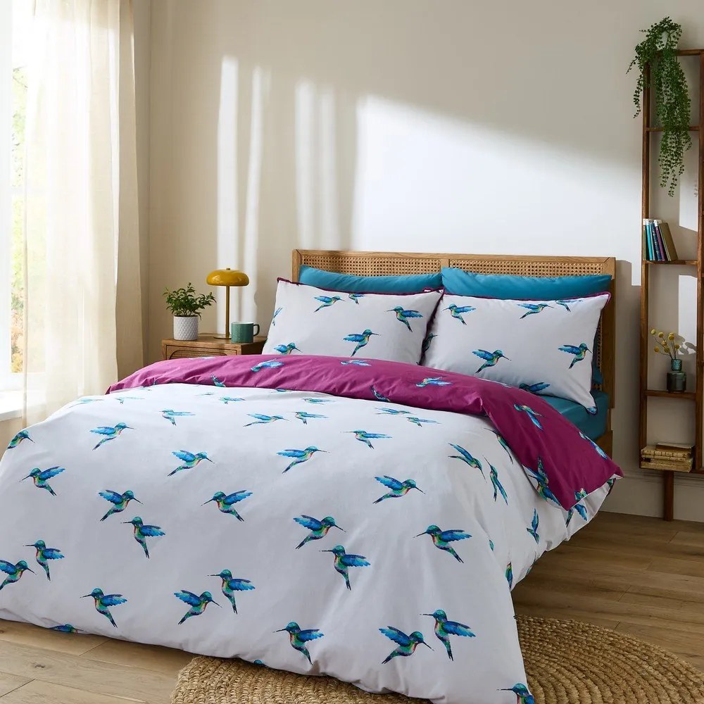 Biało-fioletowa bawełniana pościel dwuosobowa 200x200 cm Hummingbird – Their Nibs