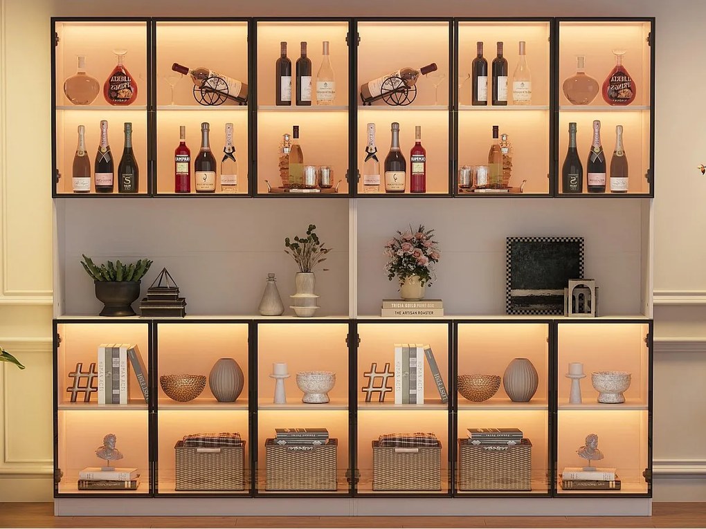 Nowoczesna witryna 240x34x200 cm - Oświetlenie LED - 12 drzwi szklane - Otwarta przestrzeń do przechowywania - MDF - Biały