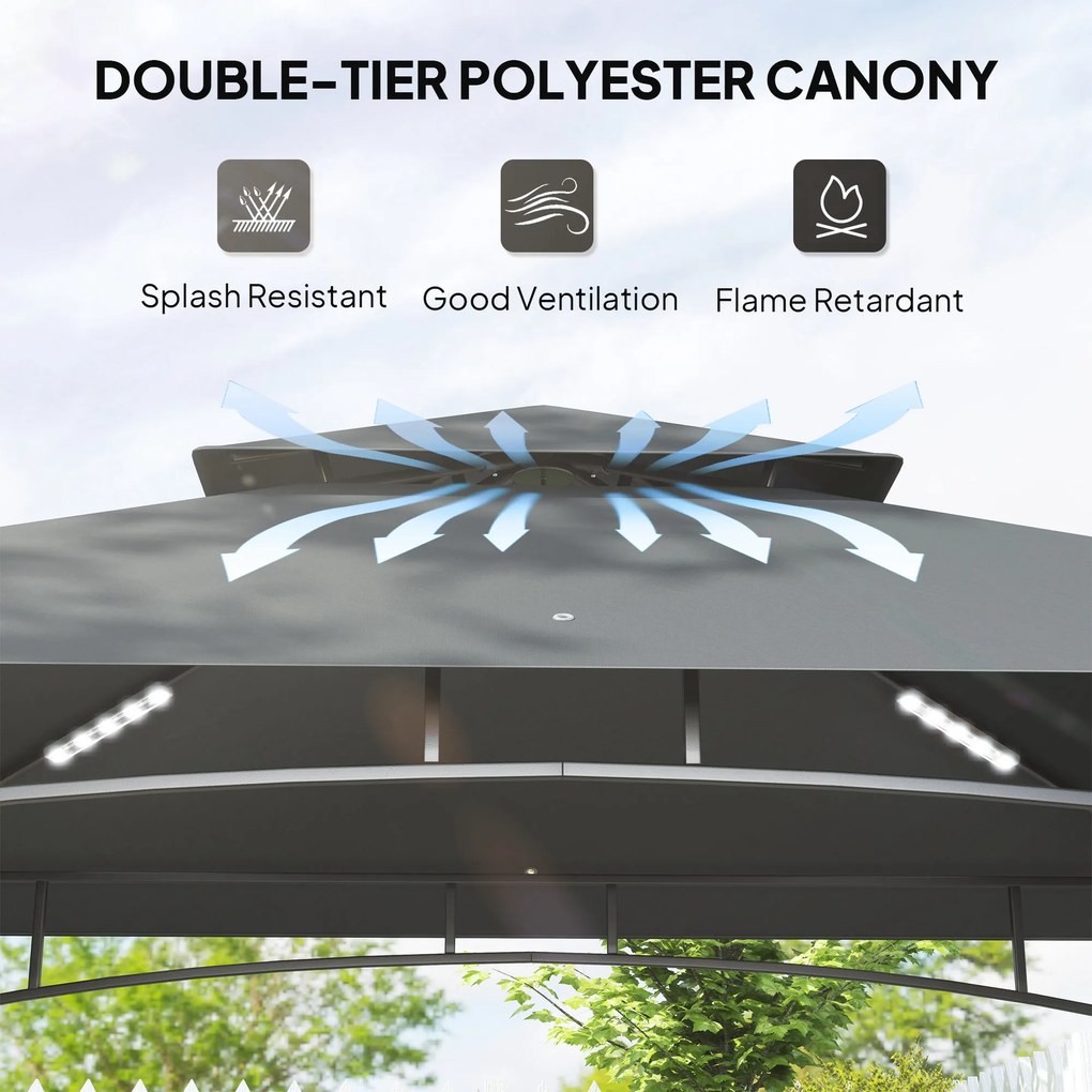 Outsunny Pawilon Grillowy z Oświetleniem LED 240 x 150 x 258 cm Odporny na Płomień i Wodę, z Podwójnym Daszkiem