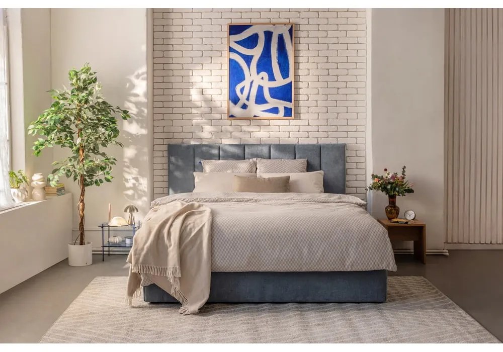 Niebieskie tapicerowane łóżko dwuosobowe ze schowkiem z materacem i stelażem 180x200 cm Thessa Bold Line – Bonami Selection