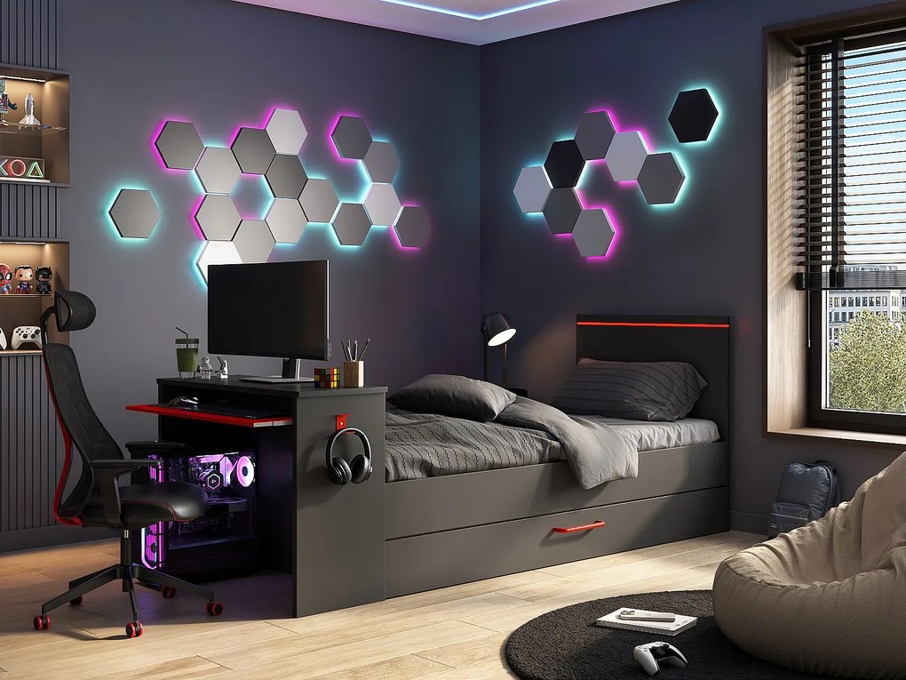 Łóżko wysuwane dla graczy 2 x 90 x 200 - Z biurkiem - Diody LED - Antracyt i czerwień + Stelaż - VOUANI