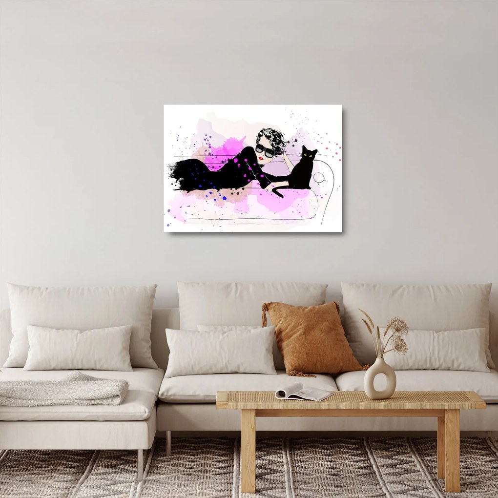 Obraz na szkle - Kobieta z czarnym kotem (70x50 cm)