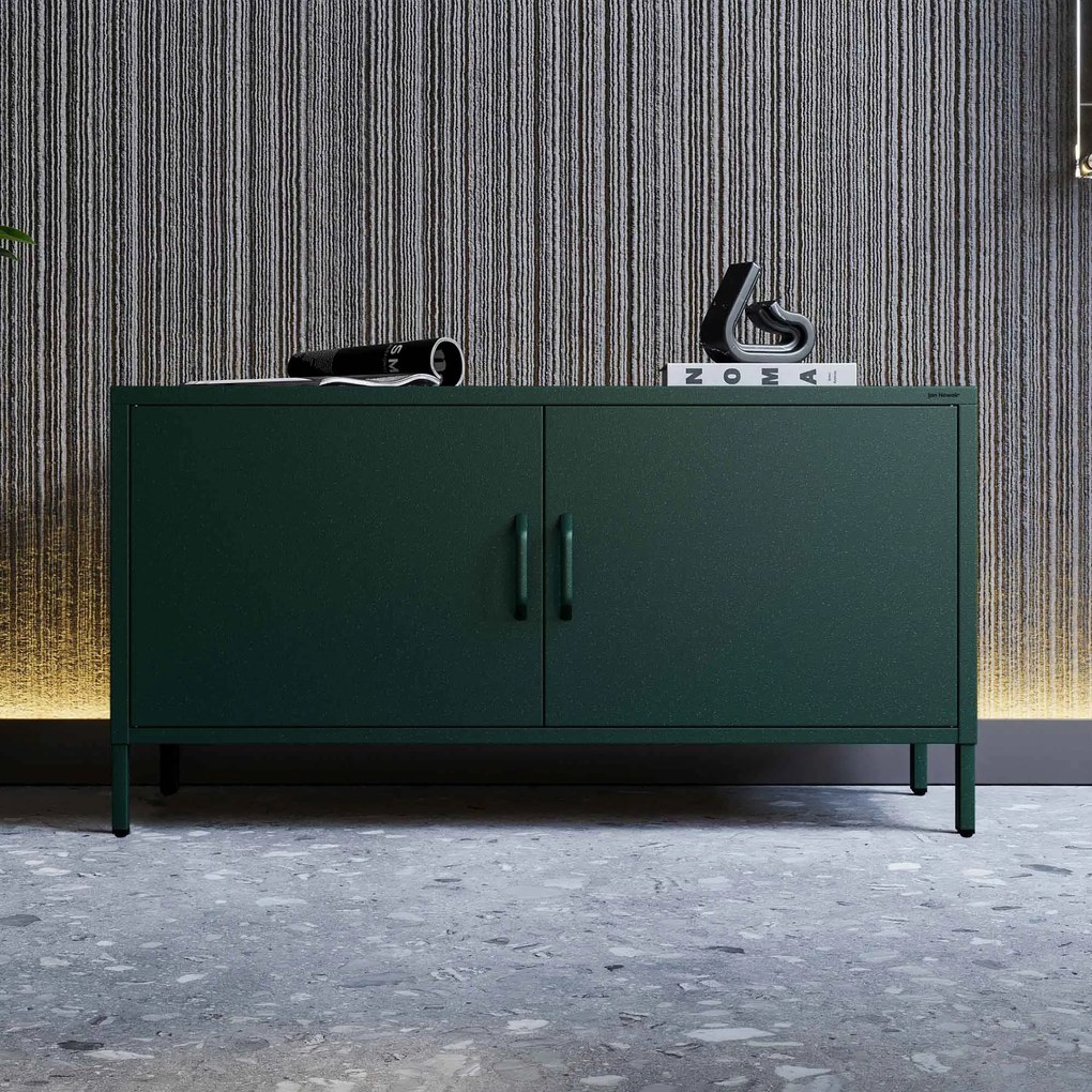Szafka RTV metalowa na nóżkach butelkowa zieleń Modern ROSA, 1150 x 595 x 400 mm