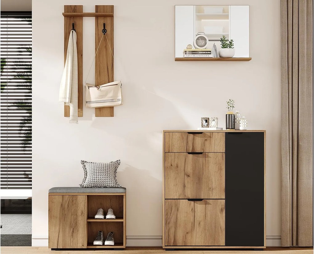 Zestaw szatni wejściowej 4-częściowy - szafa na buty i ławka na buty - lustro i wieszak - Kolor naturalny + Czarny