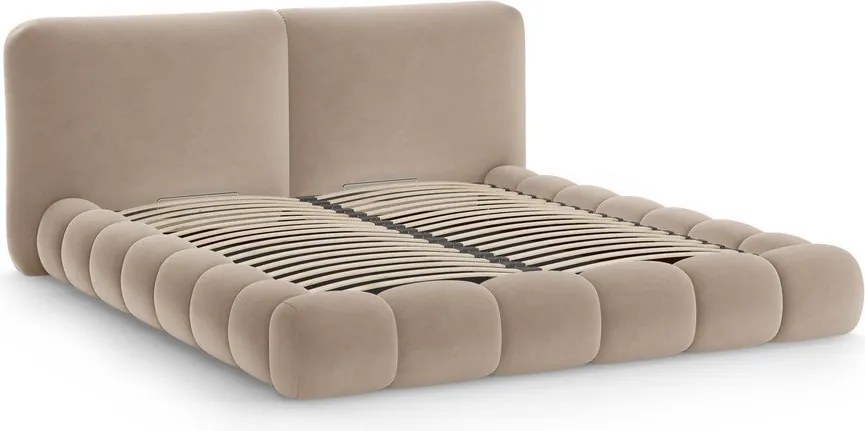 Jasnobrązowe tapicerowane łóżko dwuosobowe ze schowkiem ze stelażem 180x200 cm Solange – Micadoni