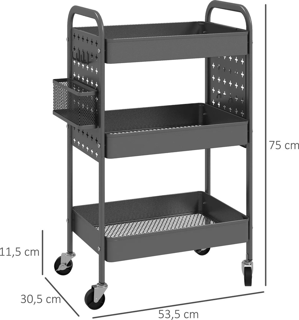 HOMCOM Wózek Kuchenny na Kółkach z 3 Poziomami i 2 Koszami Ciemnoszary | Aosom PL