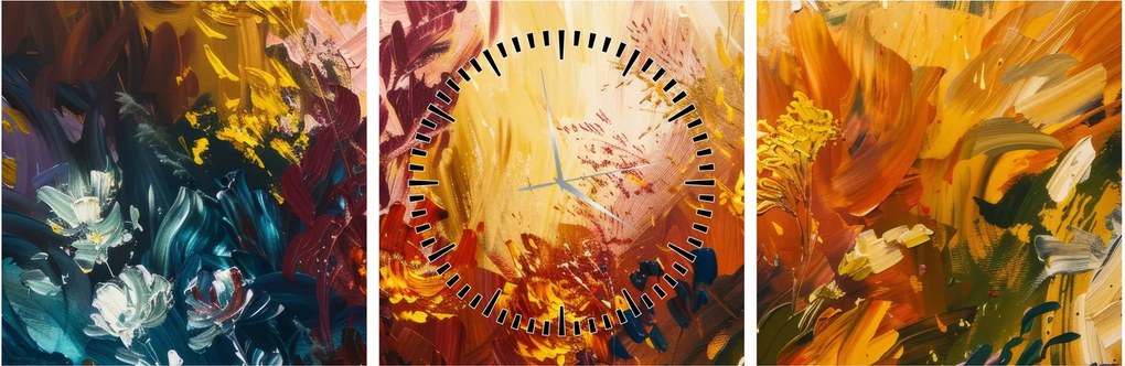 Obraz - Abstrakcyjny obraz kwiatów (z zegarem) (90x30 cm)