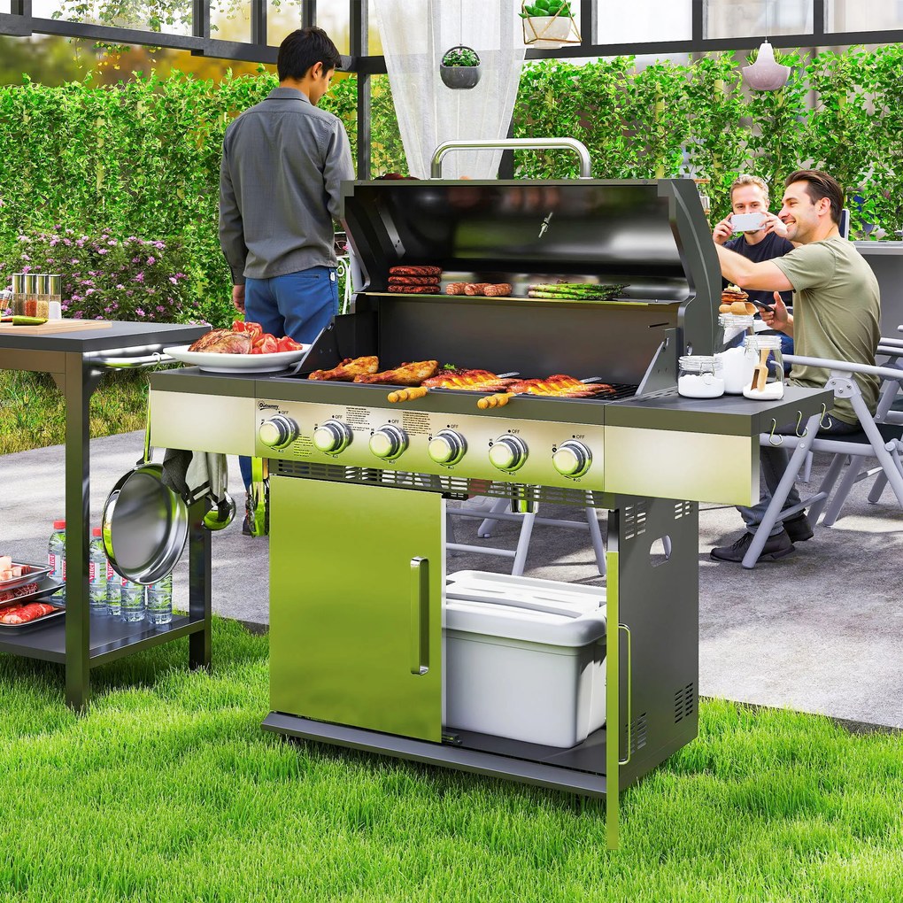 Outsunny Grill Gazowy 8500BTU z Wózkiem, 6 Palników ze Stali Nierdzewnej, Termometr, Regulator Ciśnienia 141 x 55 x 110 cm Srebrny