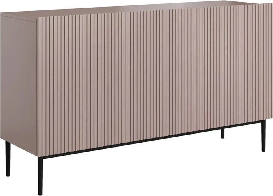 Komoda Nicole 150 cm trzydrzwiowa z ryflowanym frontem - antyczny róż MDF / czarne nóżki