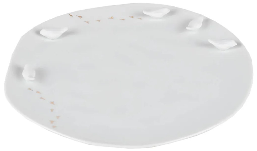 Biały porcelanowy talerz z elementami 3D PTAKI, średni