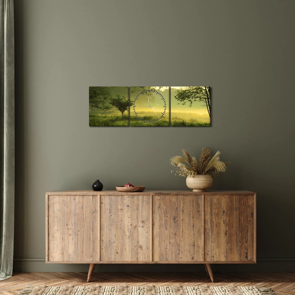 Obraz - Budzący się las (z zegarem) (90x30 cm)