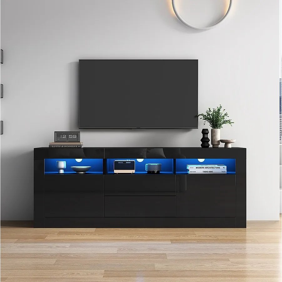 Połyskliwy stojak pod telewizor - Czarny stojak pod telewizor z 3 otwartymi półkami, 2 drzwiami i 2 szufladami - oświetlenie LED