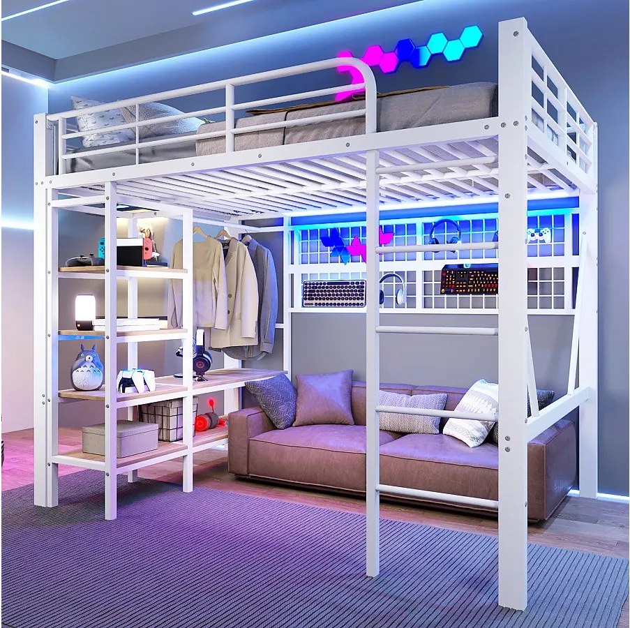 Łóżko piętrowe dla dzieci - 140 x 200 cm - rama żeliwna - z półką do przechowywania + drążek na ubrania + diody LED - metalowe - białe