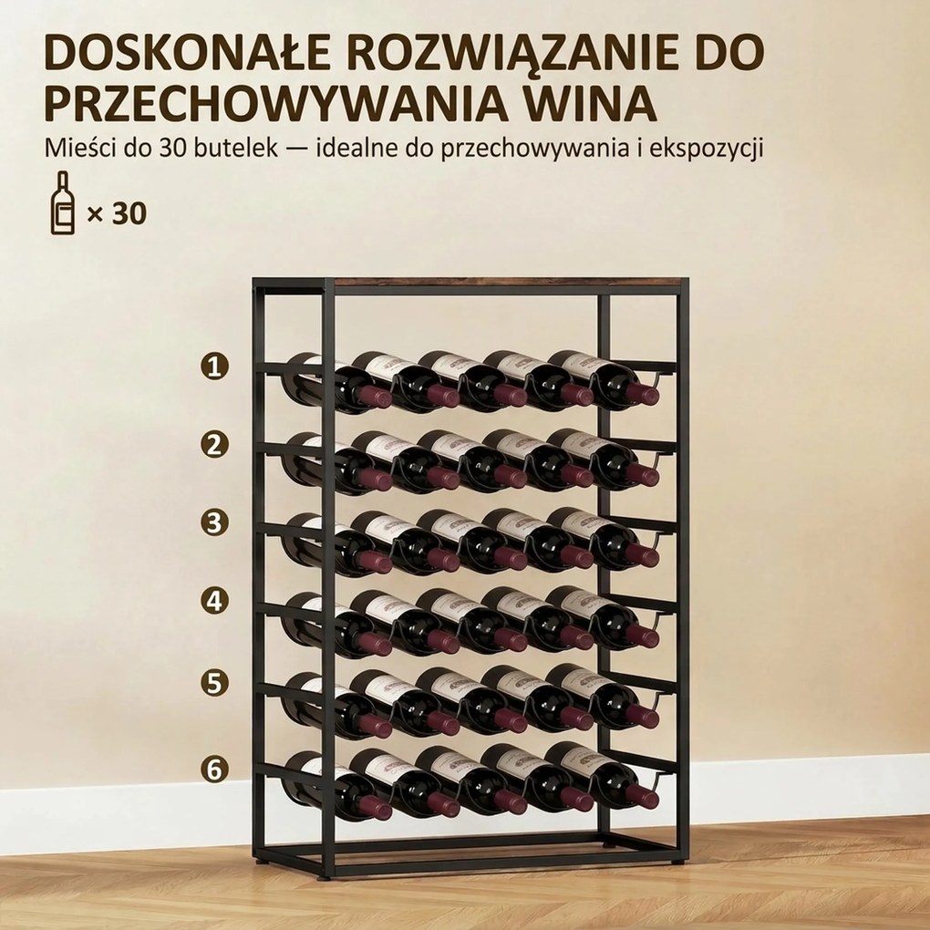 HOMCOM Stojak na wino na 30 butelek wolnostojący stojak z metalu do piwnicy, magazynu, 59 x 30 x 88,5 cm Rustykalny brąz | Aosom PL