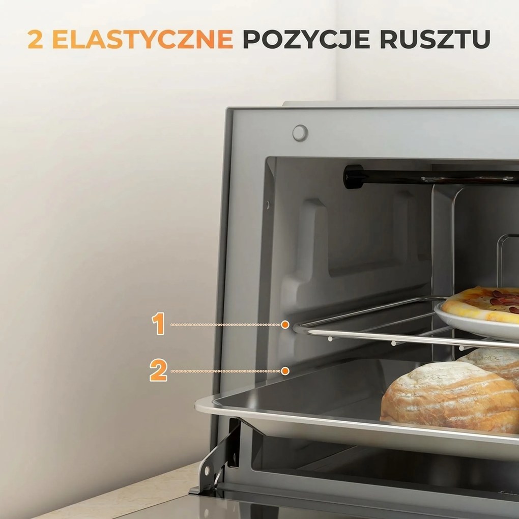 HOMCOM Minipiekarnik 9L, Mini piekarnik z blachą, rusztem, regulowaną temperaturą i czasem pieczenia, stal nierdzewna, srebrny