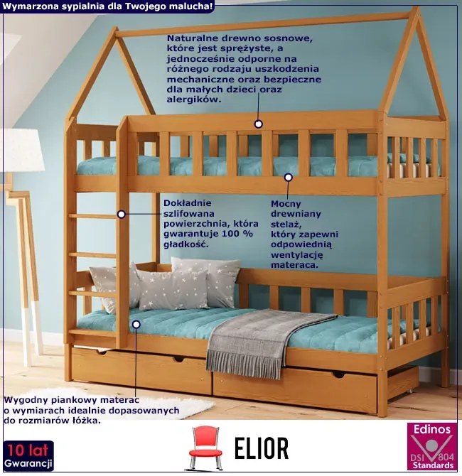 Piętrowe łóżko dziecięce domek, olcha K3-W55