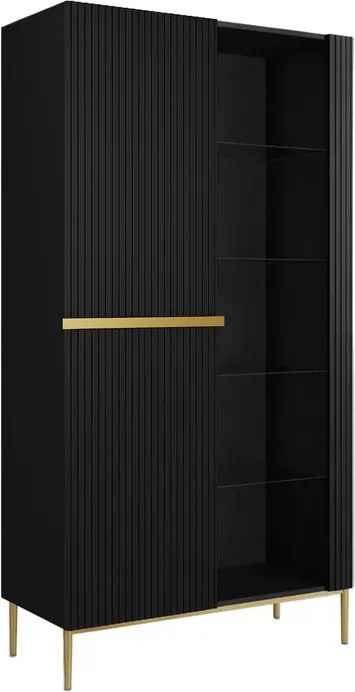 Witryna Nicole 100 cm z ryflowanym frontem - czarny mat / złote nóżki