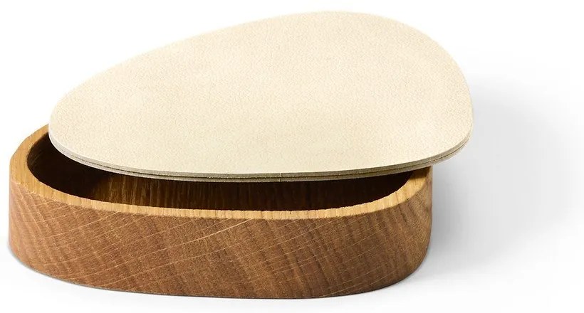 Kremowo-naturalny drewniany/ze skóry ekologicznej pojemnik dekoracyjny z pokrywką 14x12,5x3,5 cm Curve Nupo – LIND DNA