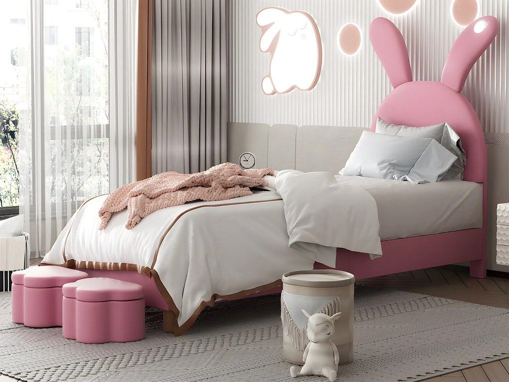 Łóżko dziecięce z weluru - 90x200 cm - składane uszy królika z LED - 2 stołki do przechowywania - Różowy