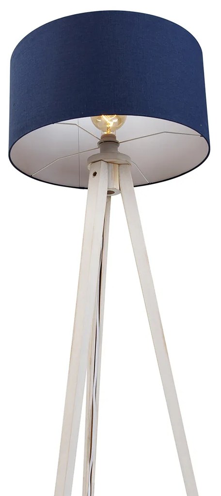 Lampa podłogowa trójnóg biała z ciemnoniebieskim abażurem z tkaniny 50 cm - Tripod Classic Rustykalny / Vintage Oswietlenie wewnetrzne