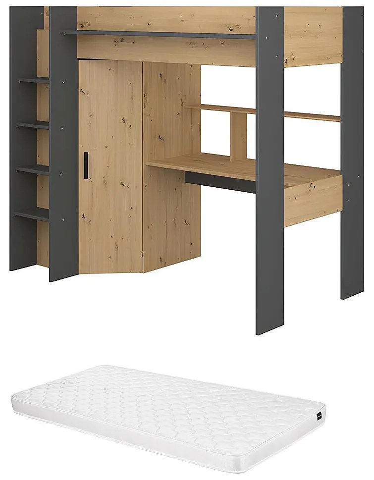 Łóżko z antresolą z biurkiem i szafą – 90 × 200 – kolor naturalny i antracytowy, materac w zestawie - AUCKLAND