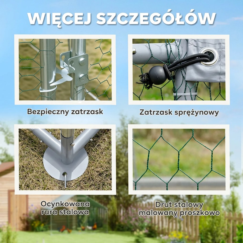 PawHut Wybieg dla 5-8 Kur, Plandeka Dachowa, Zamykane Drzwi, Stelaż Stalowy, 5,1 m², 3 x 1,7 x 1,9 m