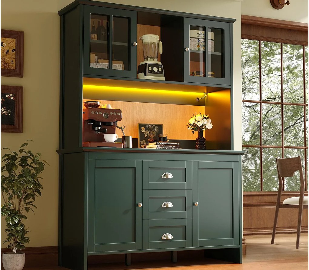 Kredens kuchenny 120x40x179cm - 4 drzwi + 3 szuflady + 8 półek - meble wysokie - z oświetleniem LED - Styl retro - Zielony