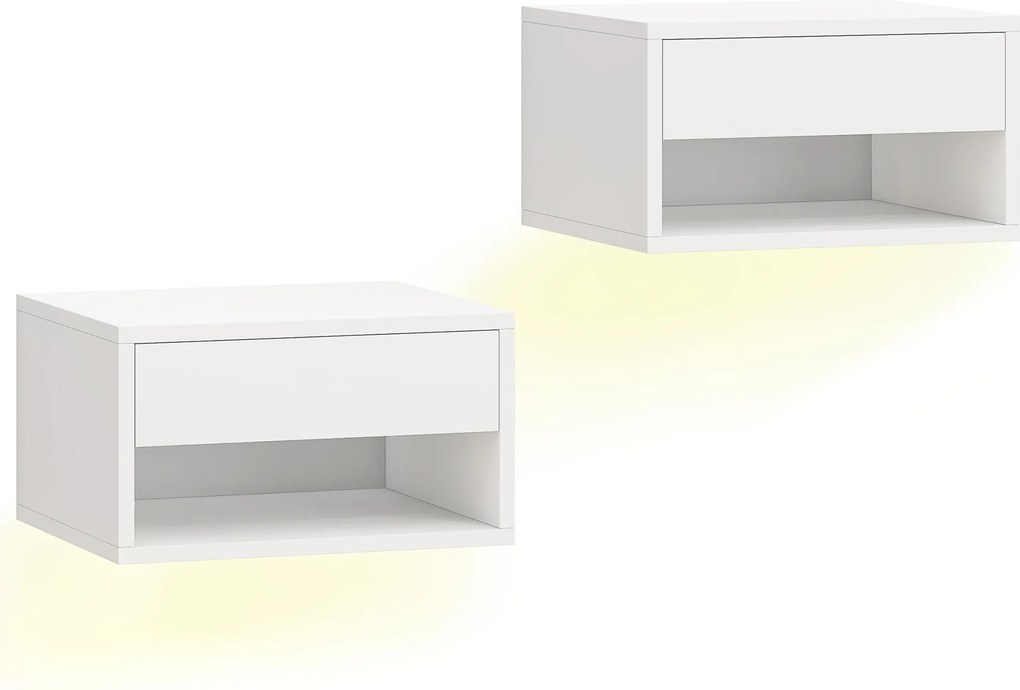 HOMCOM Zestaw stolików nocnych 2 szt. z oświetleniem RGB-LED, unoszący się stolik nocny z szufladą i otwartą półką, biały | Aosom PL