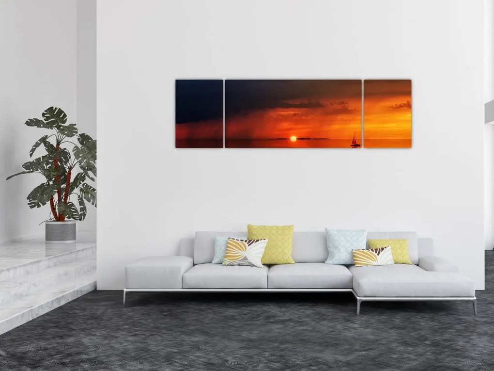 Obraz zachodu słońca z żaglówką (170x50 cm)