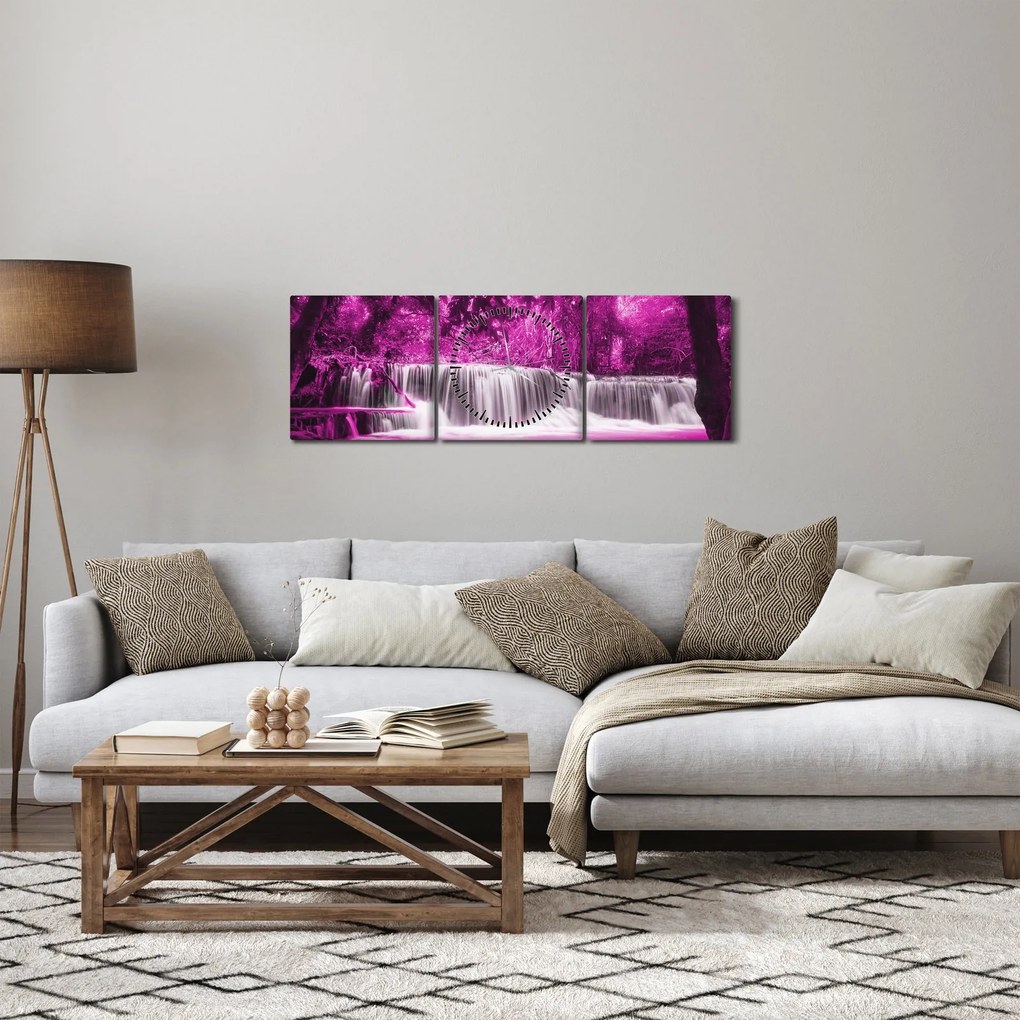 Obraz - Wodospad, fioletowy (z zegarem) (90x30 cm)