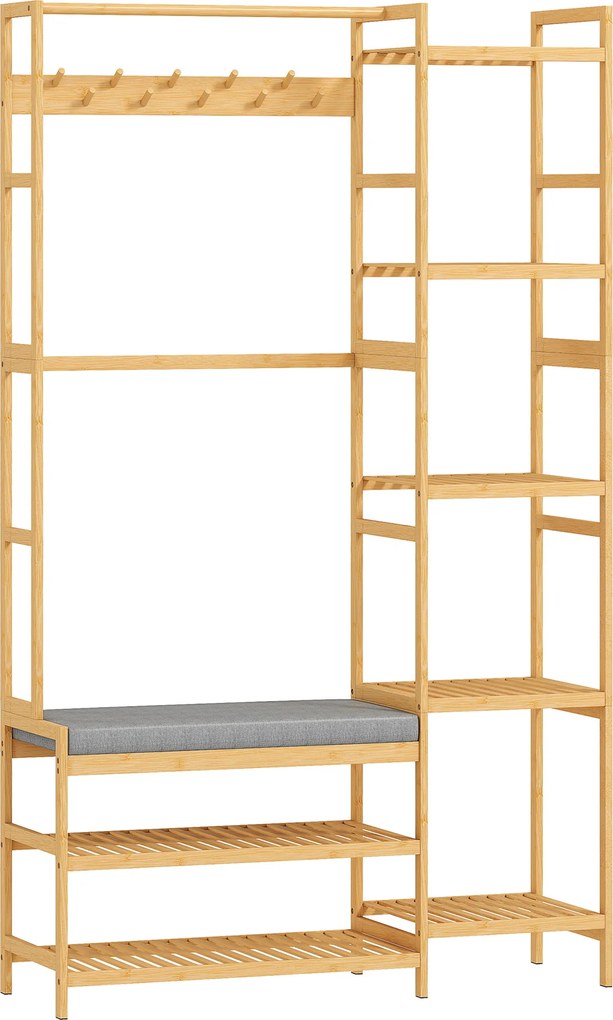 HOMCOM Wieszak na ubrania z półką na buty, haki na ubrania, stojak na płaszcze, ławka z poduszką, do przedpokoju, strefy wejściowej, drewno naturalne