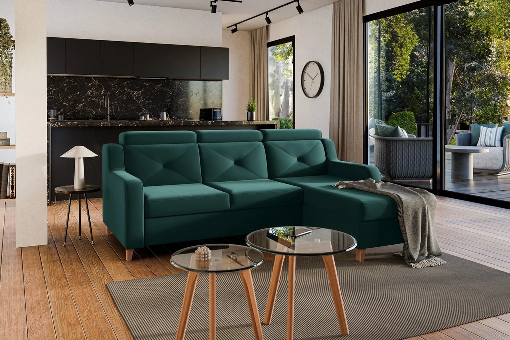 Narożnik Laksaro z funkcją spania prawostronny - zielony welur Trinity 28