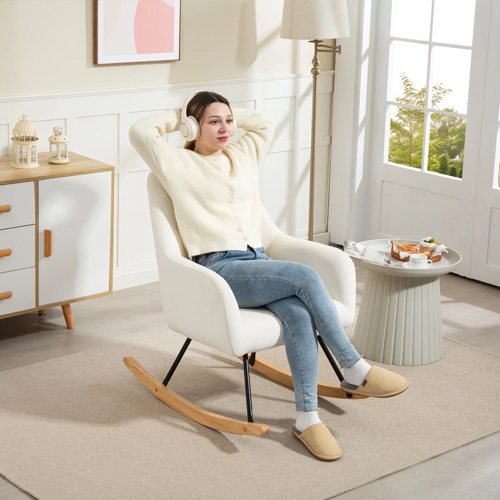 HOMCOM Fotel bujany, miękka tapicerka w wyglądzie aksamitu, gruba poduszka, szerokie oparcie, kremowobiały