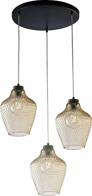 Lampa wisząca Maya z czarnego lakierowanego żelaza, regulowane kable, klosze z bursztynowego szkła dmuchanego z dekoracją reliefową, 3 światła